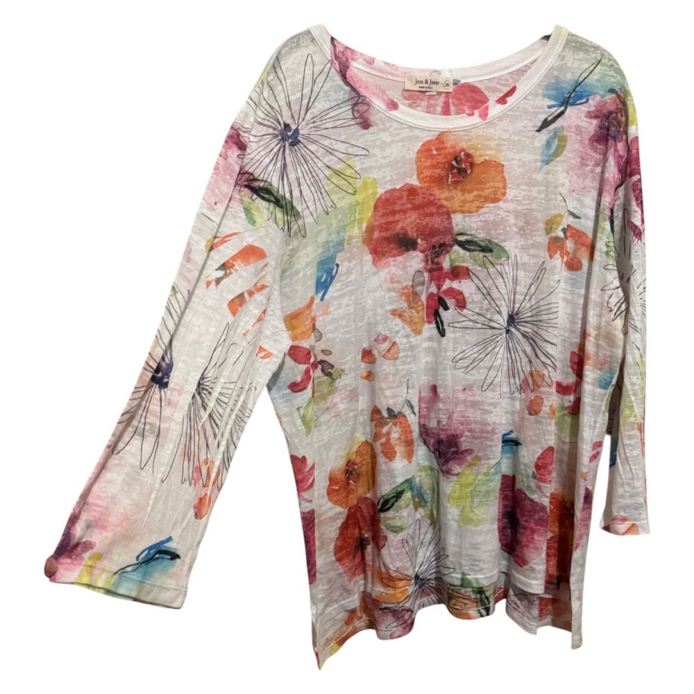 Jess & Jane Floral Burnout Top Womens 2X White Multi Art To Wear Boho Lagenlook